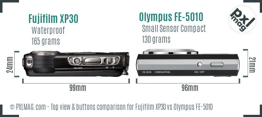 Fujifilm XP30 vs Olympus FE-5010 top view buttons comparison Fujifilm XP30 vs Olympus FE-5010 top view buttons comparison