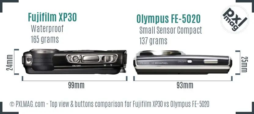 Fujifilm XP30 vs Olympus FE-5020 top view buttons comparison