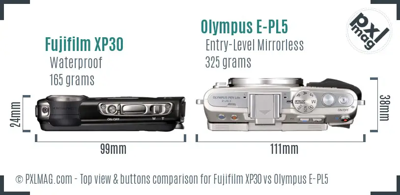 Fujifilm XP30 vs Olympus E-PL5 top view buttons comparison Fujifilm XP30 vs Olympus E-PL5 top view buttons comparison