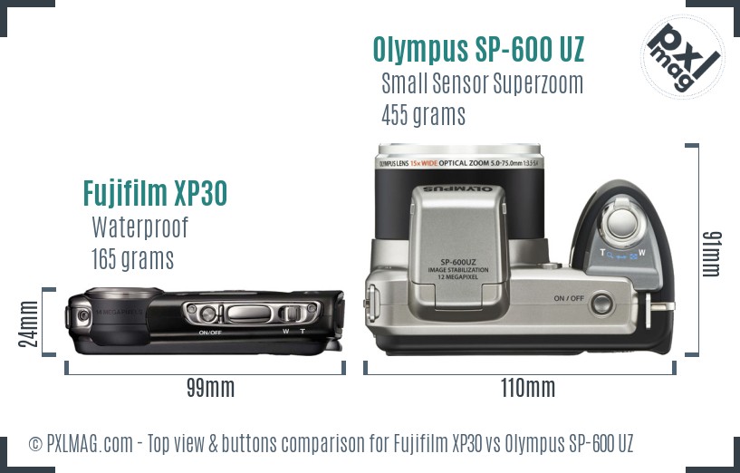 Fujifilm XP30 vs Olympus SP-600 UZ top view buttons comparison
