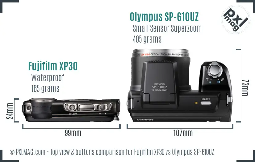 Fujifilm XP30 vs Olympus SP-610UZ top view buttons comparison