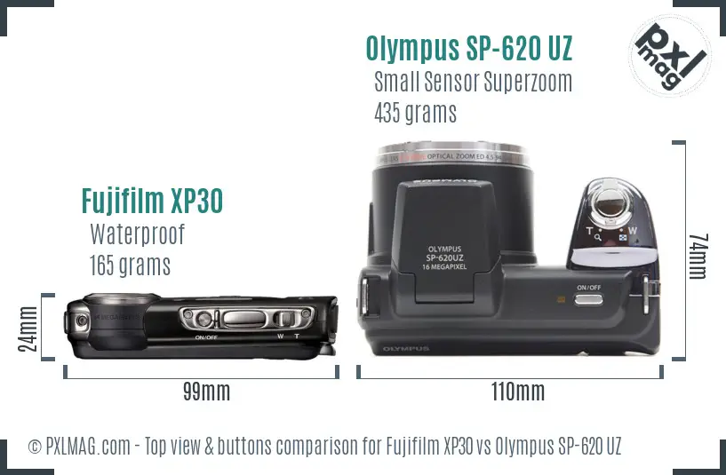 Fujifilm XP30 vs Olympus SP-620 UZ top view buttons comparison