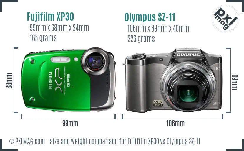 Fujifilm XP30 vs Olympus SZ-11 size comparison