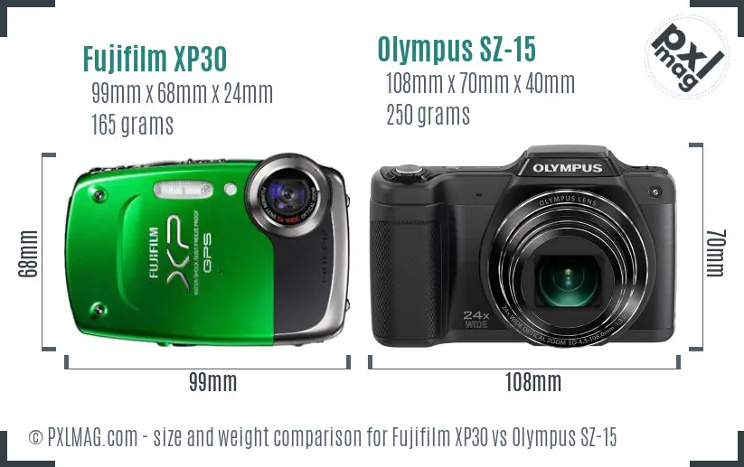 Fujifilm XP30 vs Olympus SZ-15 size comparison