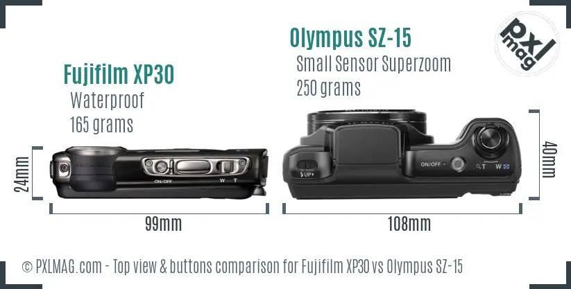 Fujifilm XP30 vs Olympus SZ-15 top view buttons comparison