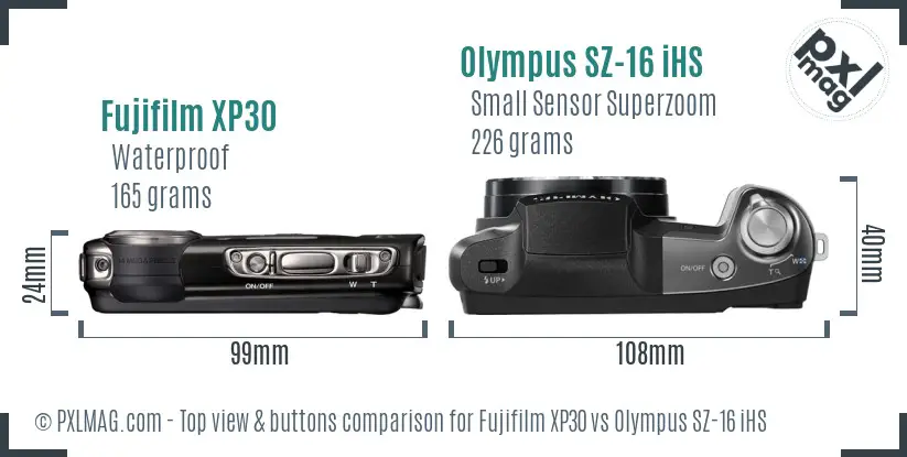 Fujifilm XP30 vs Olympus SZ-16 iHS top view buttons comparison