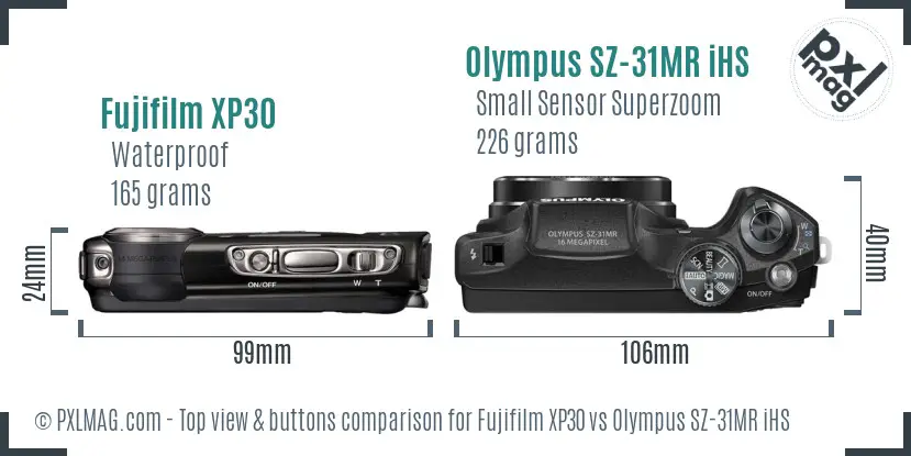 Fujifilm XP30 vs Olympus SZ-31MR iHS top view buttons comparison