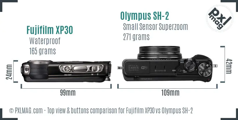 Fujifilm XP30 vs Olympus SH-2 top view buttons comparison