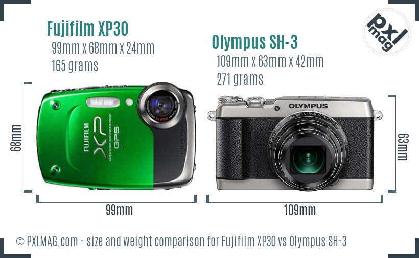 Fujifilm XP30 vs Olympus SH-3 size comparison