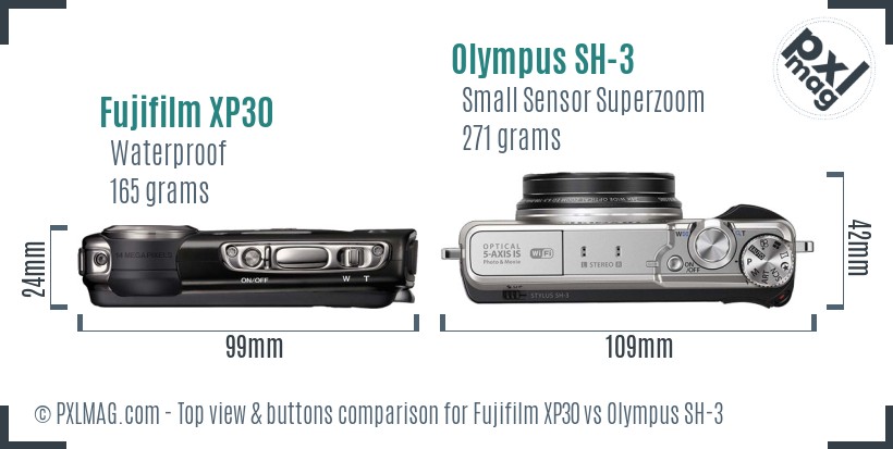 Fujifilm XP30 vs Olympus SH-3 top view buttons comparison