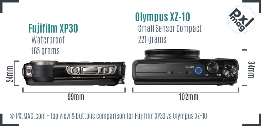 Fujifilm XP30 vs Olympus XZ-10 top view buttons comparison