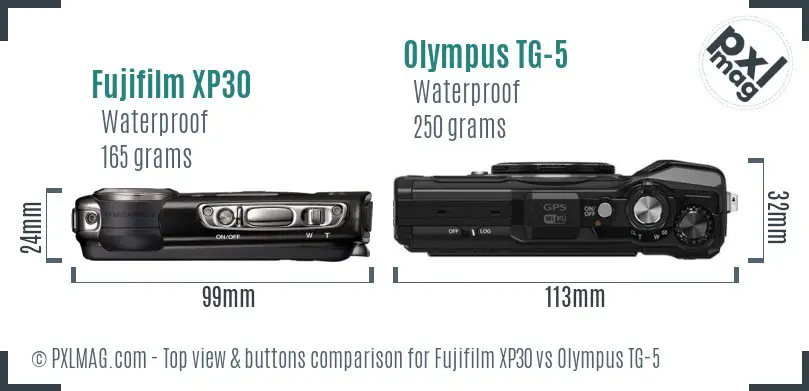Fujifilm XP30 vs Olympus TG-5 top view buttons comparison