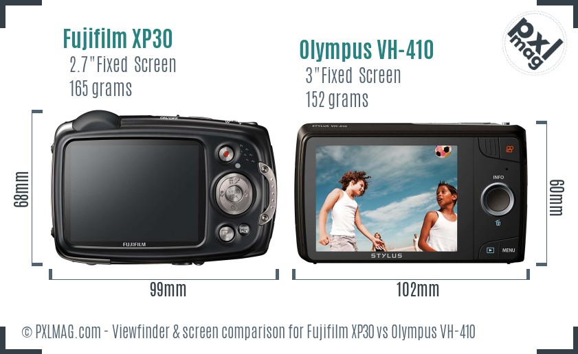Fujifilm XP30 vs Olympus VH-410 Screen and Viewfinder comparison