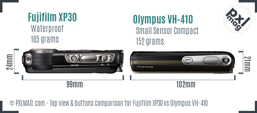 Fujifilm XP30 vs Olympus VH-410 top view buttons comparison