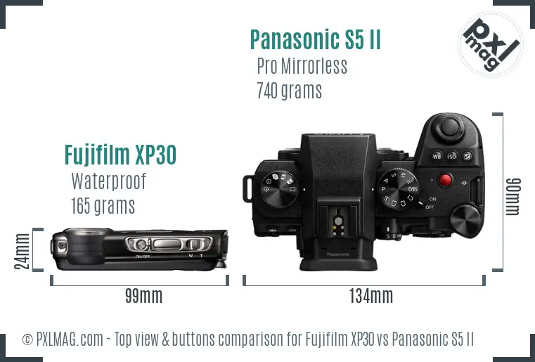 Fujifilm XP30 vs Panasonic S5 II top view buttons comparison Fujifilm XP30 vs Panasonic S5 II top view buttons comparison