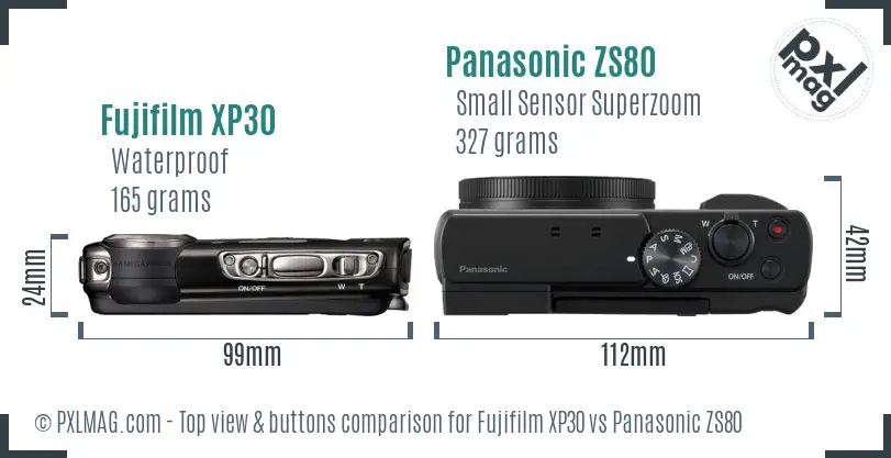 Fujifilm XP30 vs Panasonic ZS80 top view buttons comparison