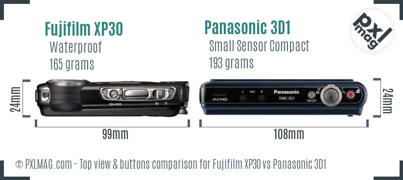Fujifilm XP30 vs Panasonic 3D1 top view buttons comparison