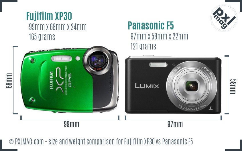 Fujifilm XP30 vs Panasonic F5 size comparison
