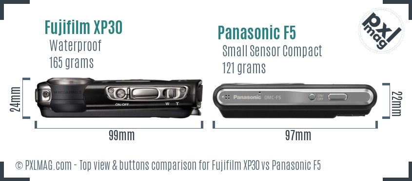 Fujifilm XP30 vs Panasonic F5 top view buttons comparison