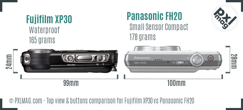 Fujifilm XP30 vs Panasonic FH20 top view buttons comparison Fujifilm XP30 vs Panasonic FH20 top view buttons comparison