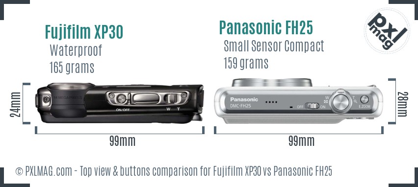 Fujifilm XP30 vs Panasonic FH25 top view buttons comparison