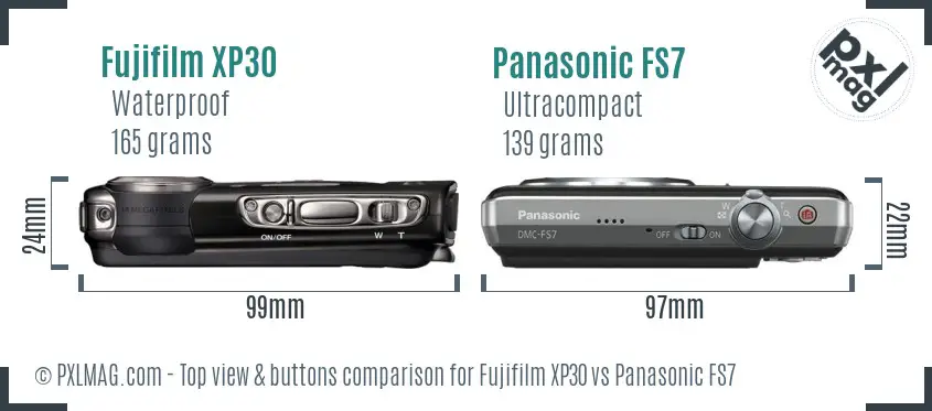 Fujifilm XP30 vs Panasonic FS7 top view buttons comparison Fujifilm XP30 vs Panasonic FS7 top view buttons comparison
