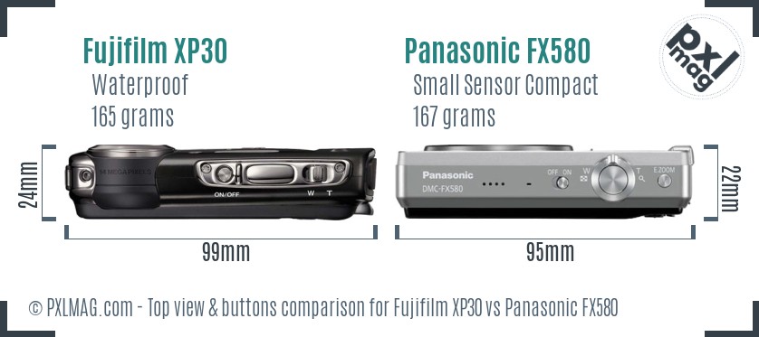 Fujifilm XP30 vs Panasonic FX580 top view buttons comparison