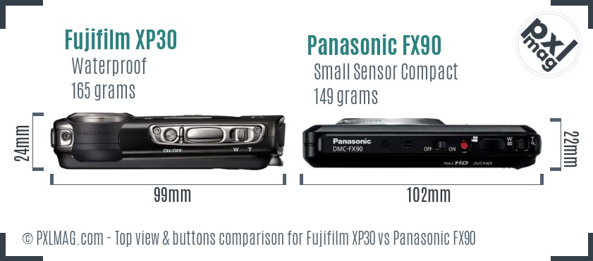 Fujifilm XP30 vs Panasonic FX90 top view buttons comparison