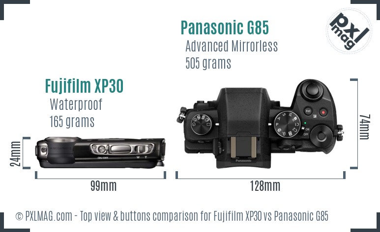 Fujifilm XP30 vs Panasonic G85 top view buttons comparison