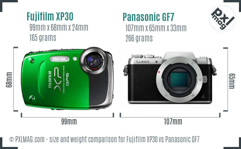 Fujifilm XP30 vs Panasonic GF7 size comparison