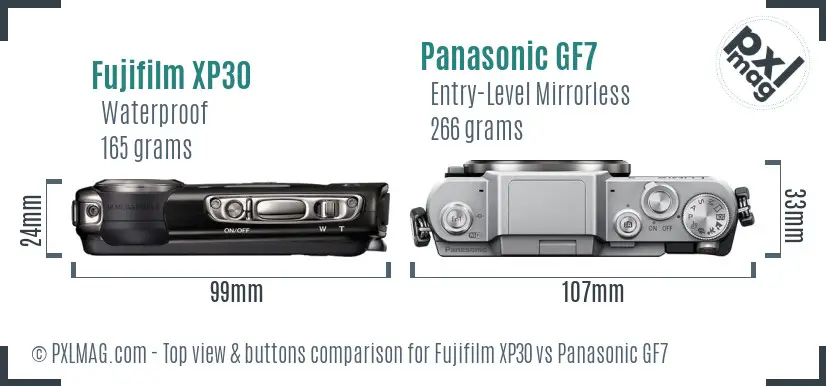 Fujifilm XP30 vs Panasonic GF7 top view buttons comparison