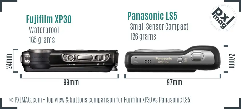 Fujifilm XP30 vs Panasonic LS5 top view buttons comparison