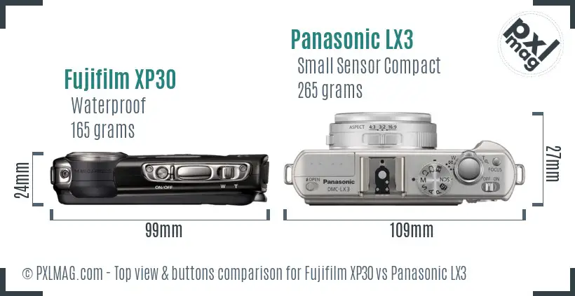 Fujifilm XP30 vs Panasonic LX3 top view buttons comparison Fujifilm XP30 vs Panasonic LX3 top view buttons comparison