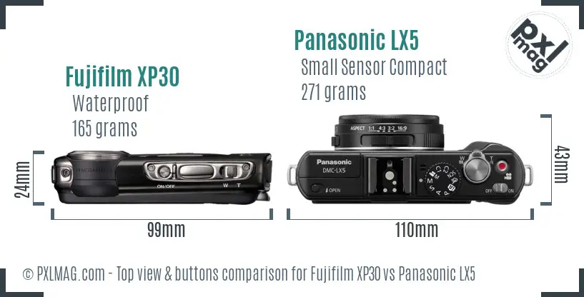 Fujifilm XP30 vs Panasonic LX5 top view buttons comparison Fujifilm XP30 vs Panasonic LX5 top view buttons comparison