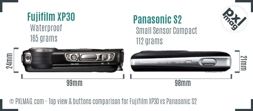 Fujifilm XP30 vs Panasonic S2 top view buttons comparison