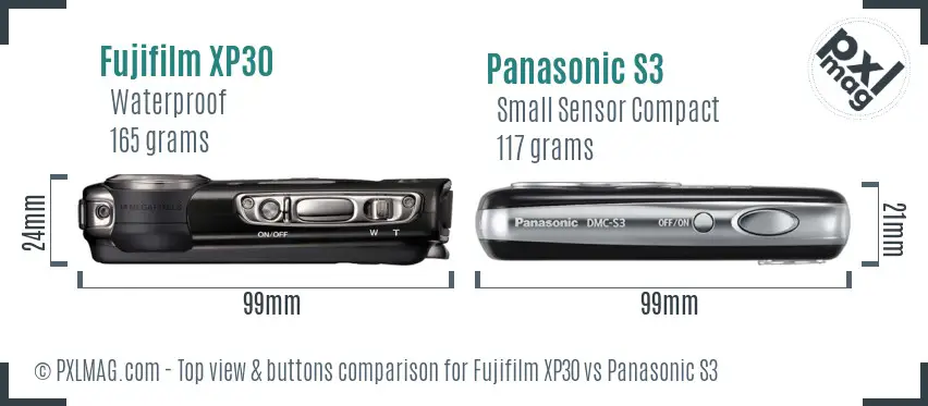 Fujifilm XP30 vs Panasonic S3 top view buttons comparison Fujifilm XP30 vs Panasonic S3 top view buttons comparison