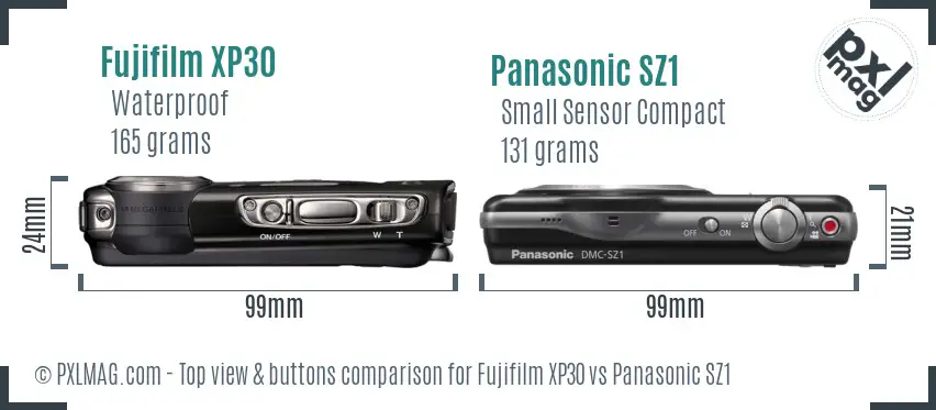 Fujifilm XP30 vs Panasonic SZ1 top view buttons comparison