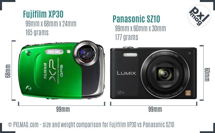 Fujifilm XP30 vs Panasonic SZ10 size comparison