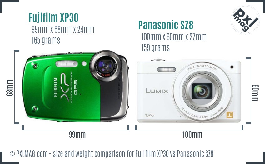 Fujifilm XP30 vs Panasonic SZ8 size comparison