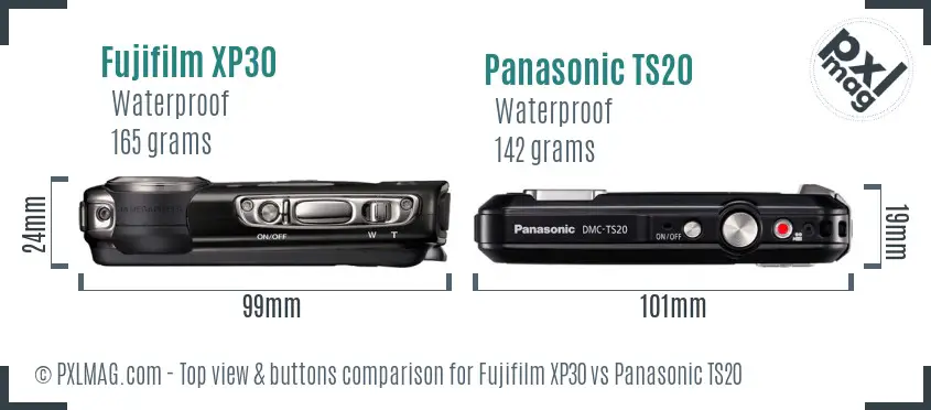 Fujifilm XP30 vs Panasonic TS20 top view buttons comparison