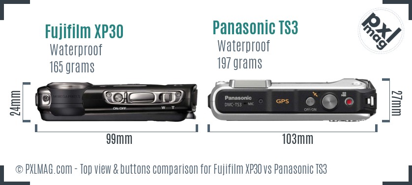 Fujifilm XP30 vs Panasonic TS3 top view buttons comparison
