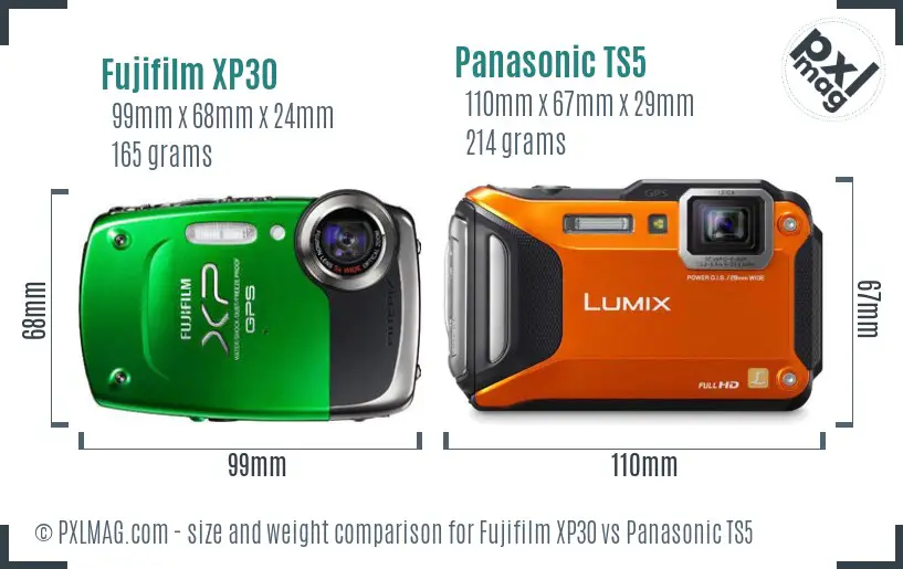 Fujifilm XP30 vs Panasonic TS5 size comparison
