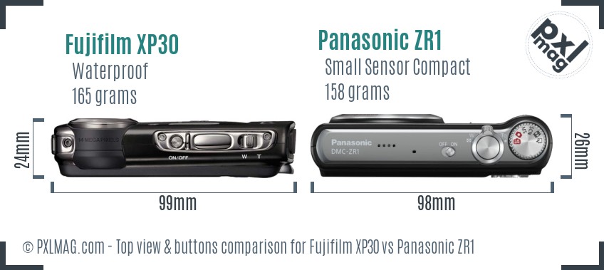 Fujifilm XP30 vs Panasonic ZR1 top view buttons comparison