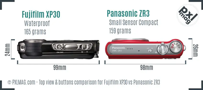 Fujifilm XP30 vs Panasonic ZR3 top view buttons comparison Fujifilm XP30 vs Panasonic ZR3 top view buttons comparison