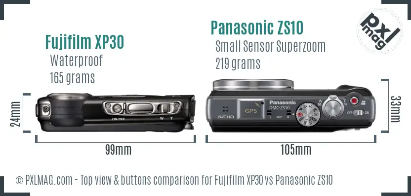 Fujifilm XP30 vs Panasonic ZS10 top view buttons comparison
