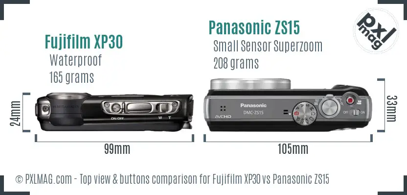 Fujifilm XP30 vs Panasonic ZS15 top view buttons comparison