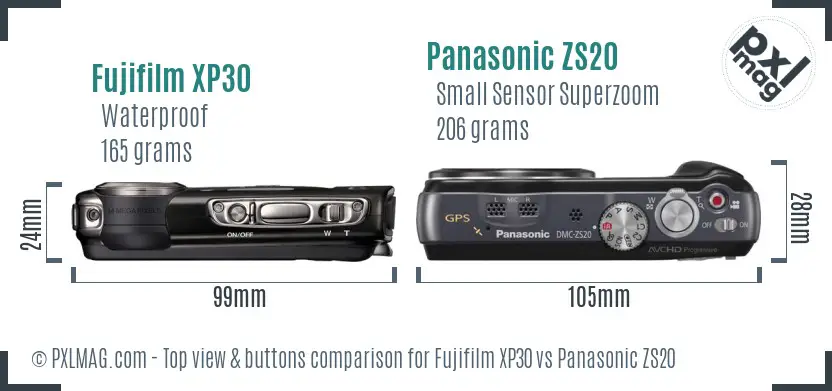 Fujifilm XP30 vs Panasonic ZS20 top view buttons comparison