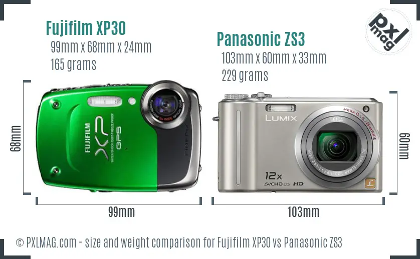 Fujifilm XP30 vs Panasonic ZS3 size comparison