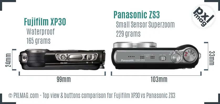 Fujifilm XP30 vs Panasonic ZS3 top view buttons comparison