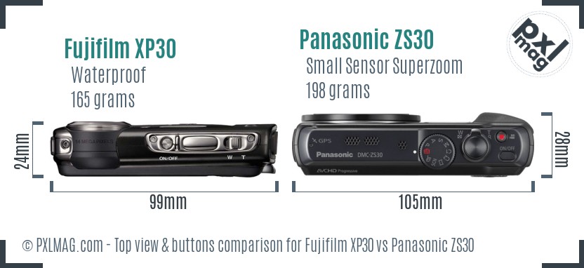 Fujifilm XP30 vs Panasonic ZS30 top view buttons comparison